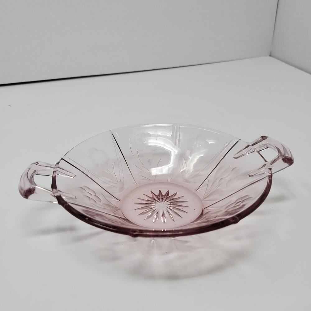 Vintage Etched pink glass floral handled decorative dish 5.5" across